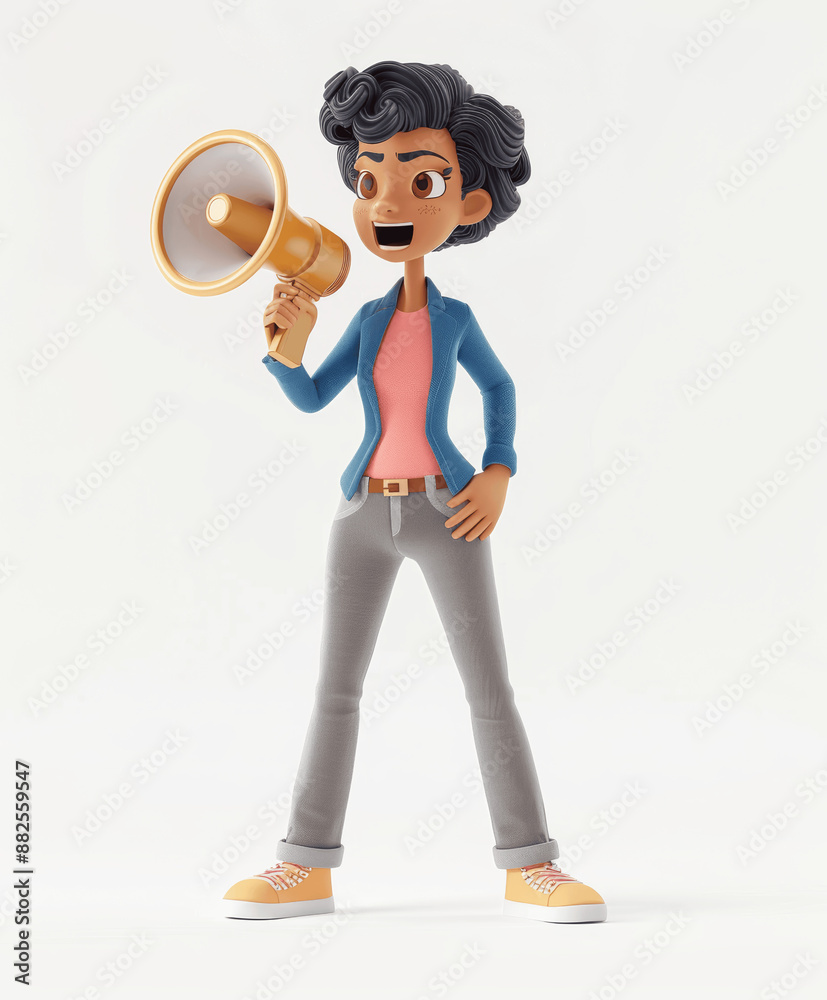 3D Cartoon Woman with Megaphone Making an Announcement Side View 3D Cartoon Woman with Megaphone Making an Announcement Side View