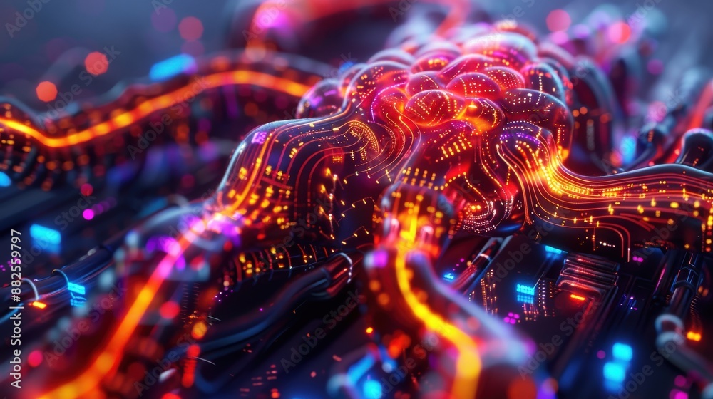 Futuristic neural network concept with glowing cybernetic circuits and vibrant colors showcasing advanced artificial intelligence technology. Futuristic neural network concept with glowing cybernetic circuits and vibrant colors showcasing advanced artificial intelligence technology.