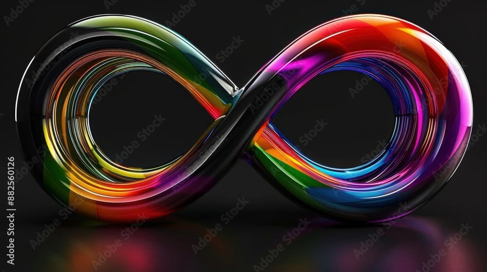 Vibrant abstract infinity symbol with rainbow colors on a black background, representing endless possibilities and continuous flow.