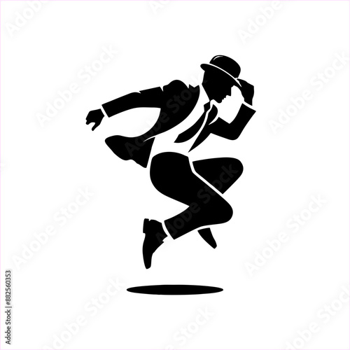 man in suit wear bowler hat jump dance