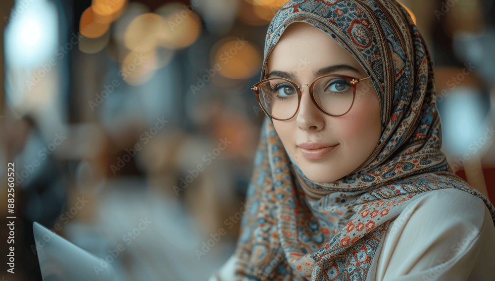 Portrait of Beautiful Muslim Businesswoman in Hijab Working on Laptop in Office, Smiling and Wearing Glasses, Professional and Confident Female Entrepreneur Portrait of Beautiful Muslim Businesswoman in Hijab Working on Laptop in Office, Smiling and Wearing Glasses, Professional and Confident Female Entrepreneur