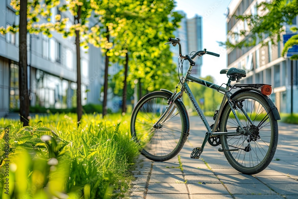 Fototapeta premium Bicycle parked in front of office park with greenery