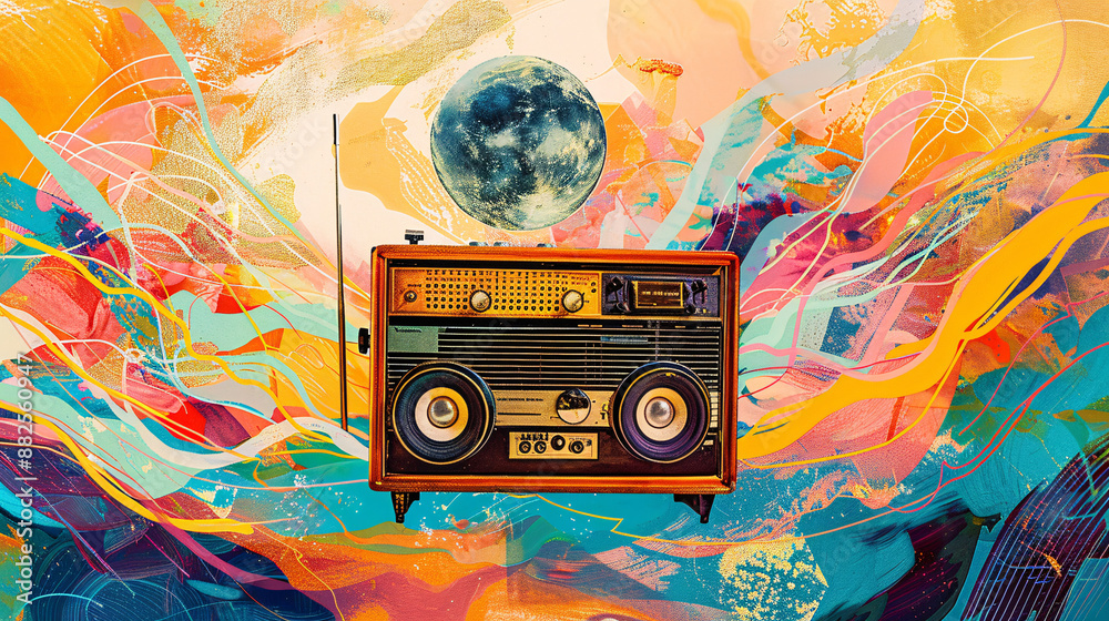 Obraz premium Ancient Radio in front of graffiti wall. ancient world technology with new abstract art. Concept of World Radio Day, 7 May