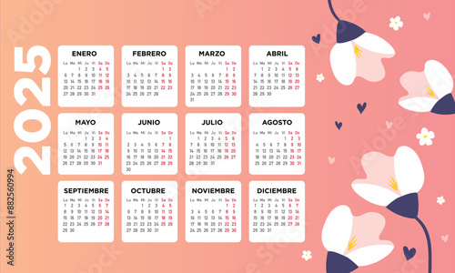 calendario 2025 con flores en español. Diseño horizontal