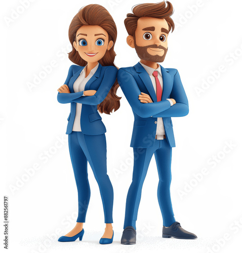 3D Businessman and Businesswoman in Blue Suit with Happy Faces and Crossed Arms on White Background