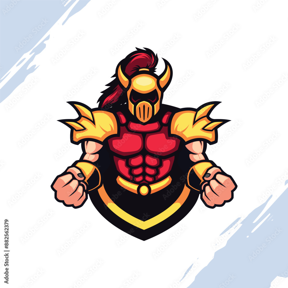 The Warrior in Red Armor with Golden Helmet Vector Mascot The Warrior in Red Armor with Golden Helmet Vector Mascot