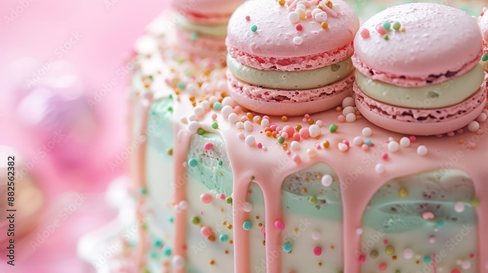 Food photography of a birthday cake with macaron in pink and green pastel color. Delicious food Food photography of a birthday cake with macaron in pink and green pastel color. Delicious food