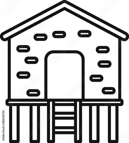 Line drawing of a stilt house with a ladder on wooden pillars