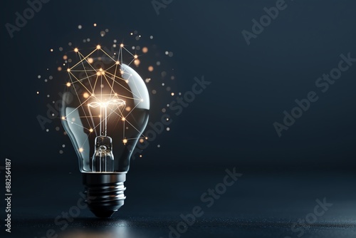 Glowing light bulb with digital connections and futuristic network on dark background, representing innovation and technology. photo