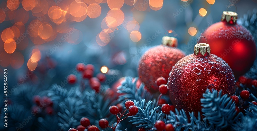 a close up of two red christmas ornaments. a close up of two red christmas ornaments.