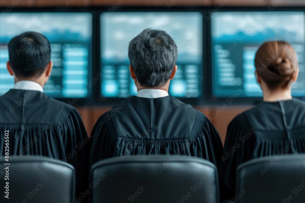 Fototapeta premium Panel of judges in courtroom with digital network displays showing legislation updates, Judge and Network, Integrated digital judiciary