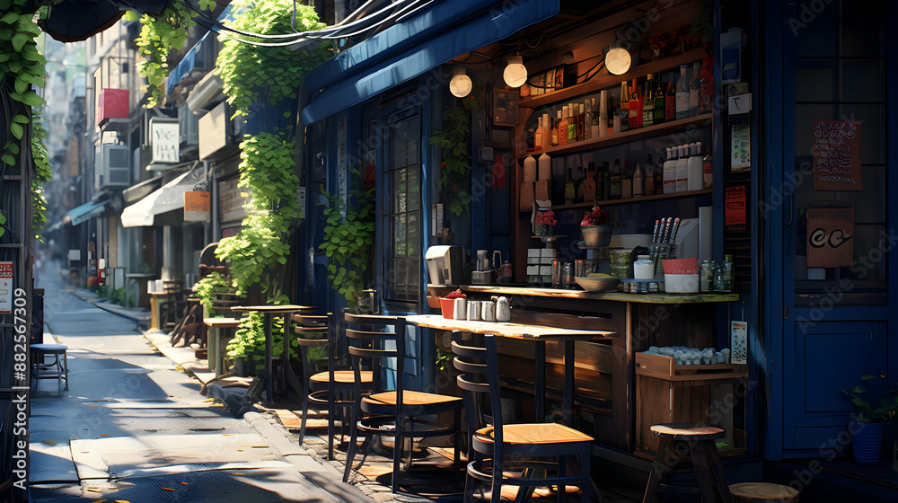 Cafe Illustration with Outdoor Seating and a Blue Door Cafe Illustration with Outdoor Seating and a Blue Door