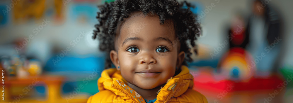happy Black toddler playing with toys in a bright nursery room at daycare with blurred parents background
