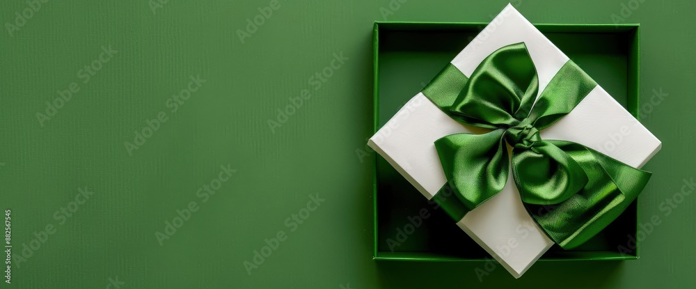Top view of open gift box or present box with green ribbon and bow on a green background, fresh and lively Top view of open gift box or present box with green ribbon and bow on a green background, fresh and lively