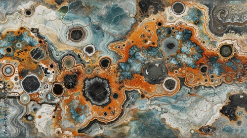 Abstract geological pattern featuring vibrant colors and intricate textures, resembling a natural stone or mineral formation. photo