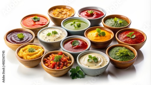 Assorted vibrant dipping sauces in small ceramic bowls, meticulously arranged on a transparent background, showcasing a kaleidoscope of flavors.