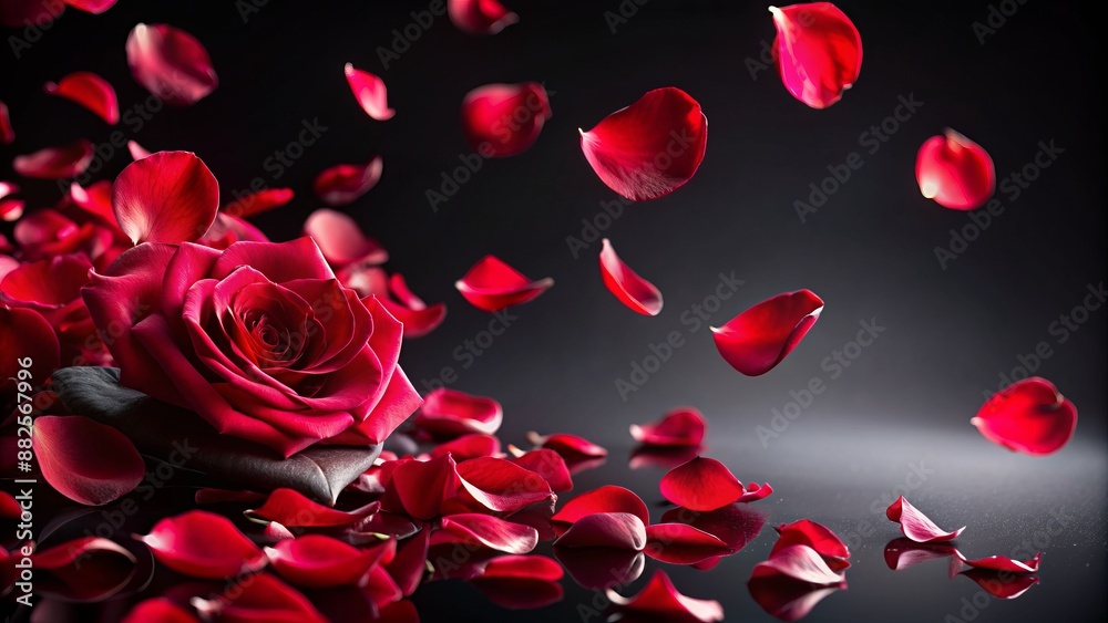Softly falling delicate crimson rose petals gently scatter against a sleek high-contrast black background, evoking elegance and romantic sophistication. Softly falling delicate crimson rose petals gently scatter against a sleek high-contrast black background, evoking elegance and romantic sophistication.