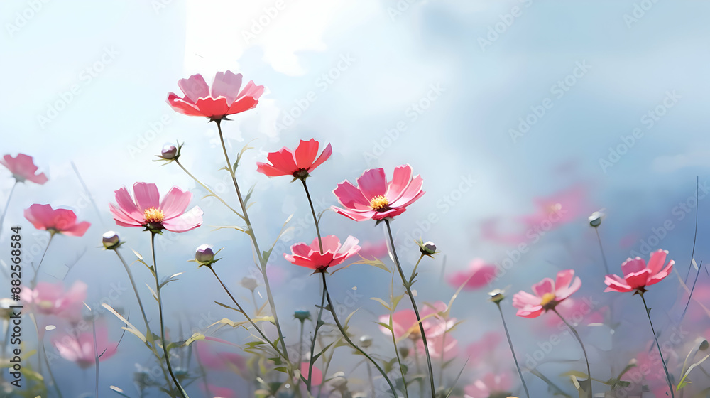 Pink Cosmos Flowers in a Field - Illustration Pink Cosmos Flowers in a Field - Illustration
