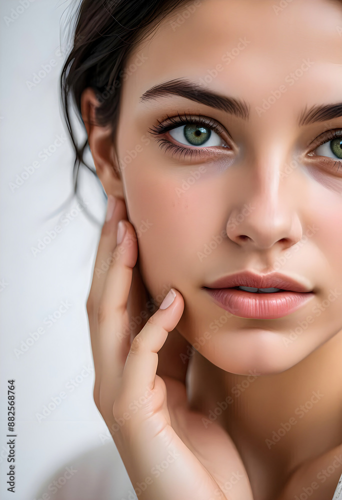 Serene Young Woman with Green Eyes and Dark Hair Touching Face Serene Young Woman with Green Eyes and Dark Hair Touching Face