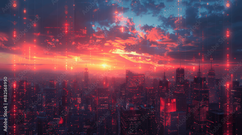 Financial Market Analysis with Big Data Chart on Cityscape at Sunset. Trading Technology and Business Investment Growth Financial Market Analysis with Big Data Chart on Cityscape at Sunset. Trading Technology and Business Investment Growth