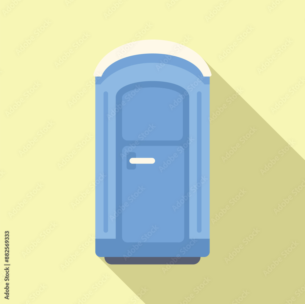 Blue mobile toilet cabin standing on the ground, public bio toilet, flat design icon with long shadow