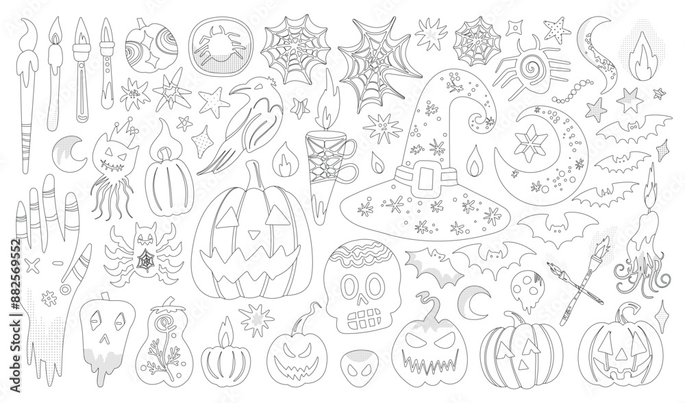 Set of isolated Halloween decoration elements in doodle hand-drawn graphic vector illustration on transparent background 8. Black outline style for coloring book. Set of isolated Halloween decoration elements in doodle hand-drawn graphic vector illustration on transparent background 8. Black outline style for coloring book.