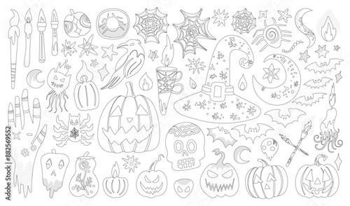 Set of isolated Halloween decoration elements in doodle hand-drawn graphic vector illustration on transparent background 8. Black outline style for coloring book.