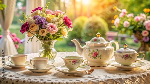 Exquisite porcelain, lace tablecloth, and delicate flower arrangements adorn a refined afternoon tea setting in an upscale, serene atmosphere.