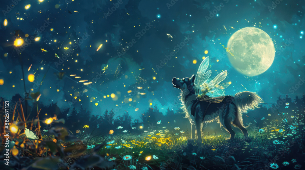 A dog with fairy wings chasing fireflies in a meadow illuminated by a glowing full moon A dog with fairy wings chasing fireflies in a meadow illuminated by a glowing full moon