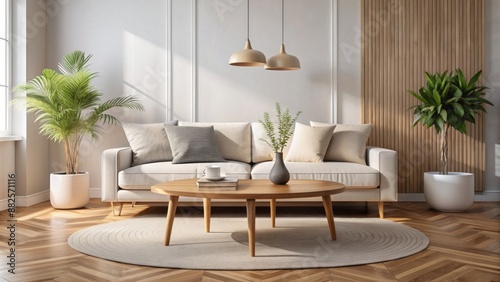 Minimalist Scandinavian living room interior features a round wood coffee table placed in front of a sleek white sofa.