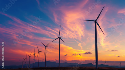 A field of tall, swaying wind turbines at sunset, silhouetted against the colorful sky