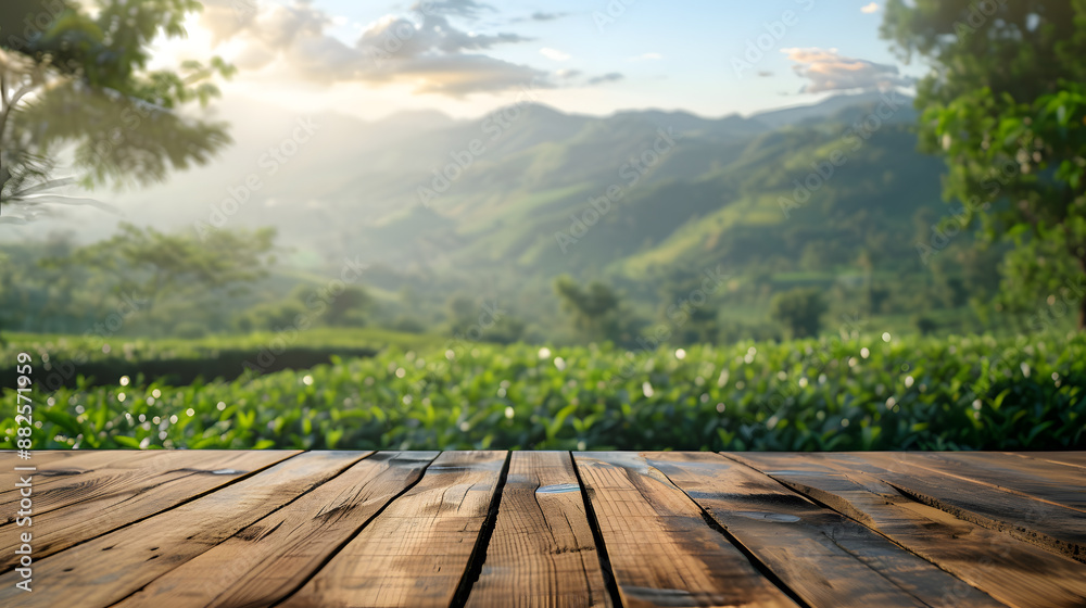 Wooden table top on blur green tea mountain and grass field.Fresh and Relax concept.For montage product display or design key visual layout.View of copy space. Wooden table top on blur green tea mountain and grass field.Fresh and Relax concept.For montage product display or design key visual layout.View of copy space.