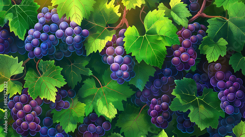 Colorful grape vines with lush leaves, vibrant and fresh, botanical illustration