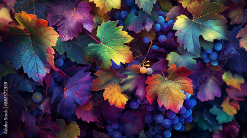 Colorful grape vines with lush leaves, vibrant and fresh, botanical illustration