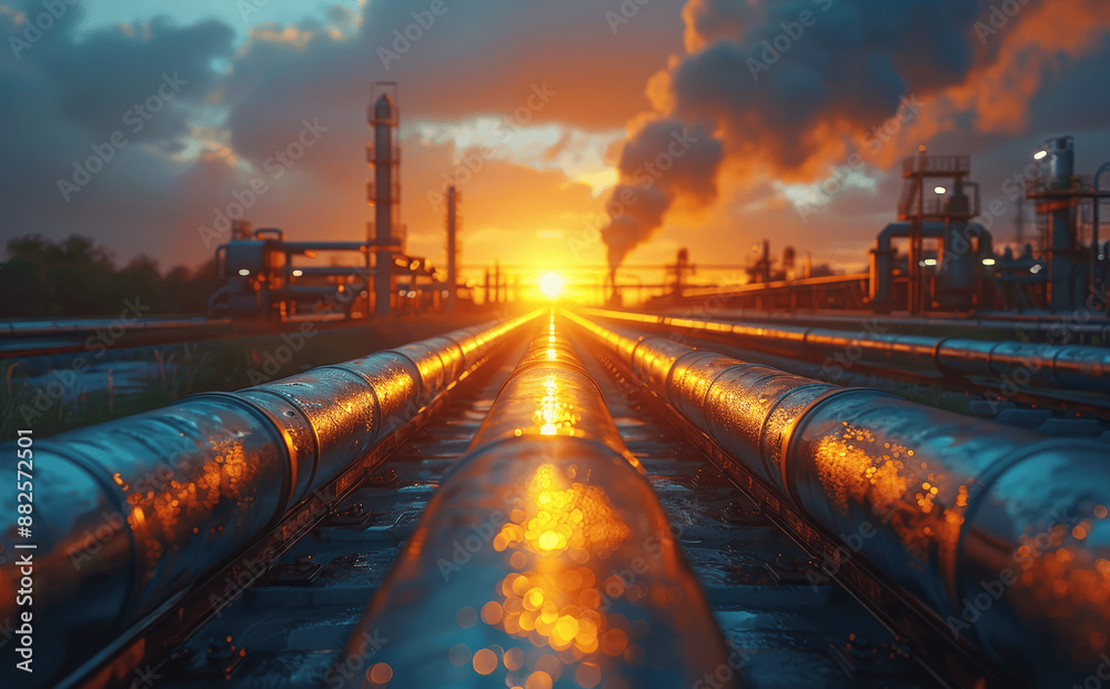 Steel Pipes in Industrial Plant with Smoke and Sun Rays at Sunset Oil and Gas Industry Production Atmosphere Pollution Steel Pipes in Industrial Plant with Smoke and Sun Rays at Sunset Oil and Gas Industry Production Atmosphere Pollution