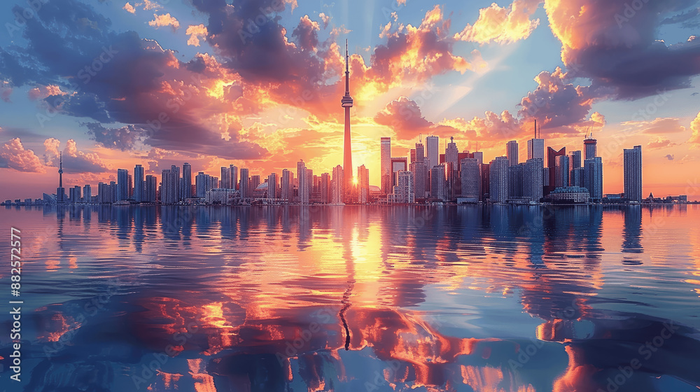 Toronto Skyline Sunset with Beautiful Reflection on Lake Ontario in Canada Vibrant Cityscape View