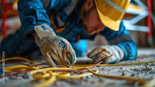 Wallpaper Mural A man in a blue jacket and yellow helmet is working on electrical wires Torontodigital.ca