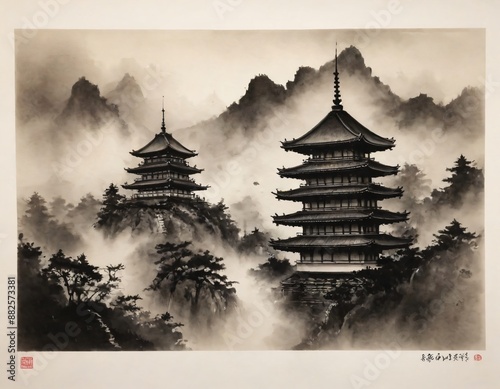 An image of  Pagodas in the mist