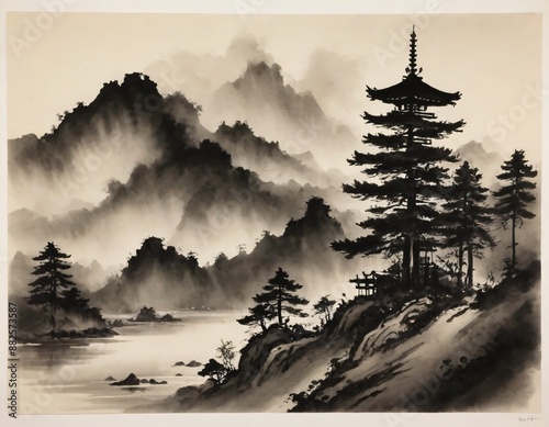 An image of  Chinese landscape  with  pagoda  and  pine trees