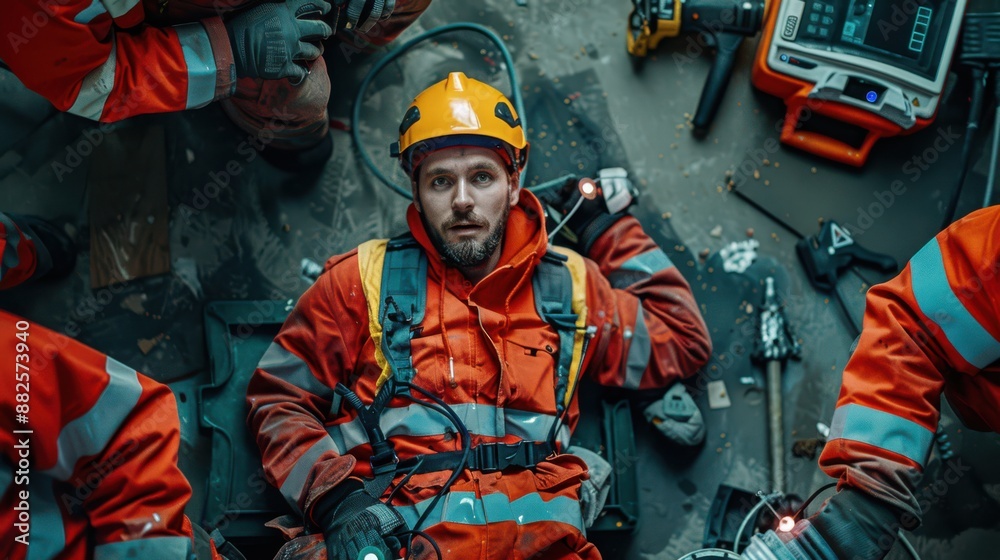 Fototapeta premium A man in a yellow helmet and orange jacket is laying on the ground