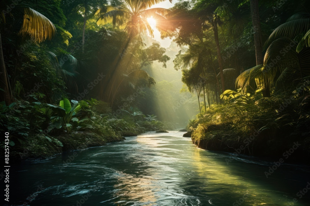 Tropical river sunlight vegetation landscape.