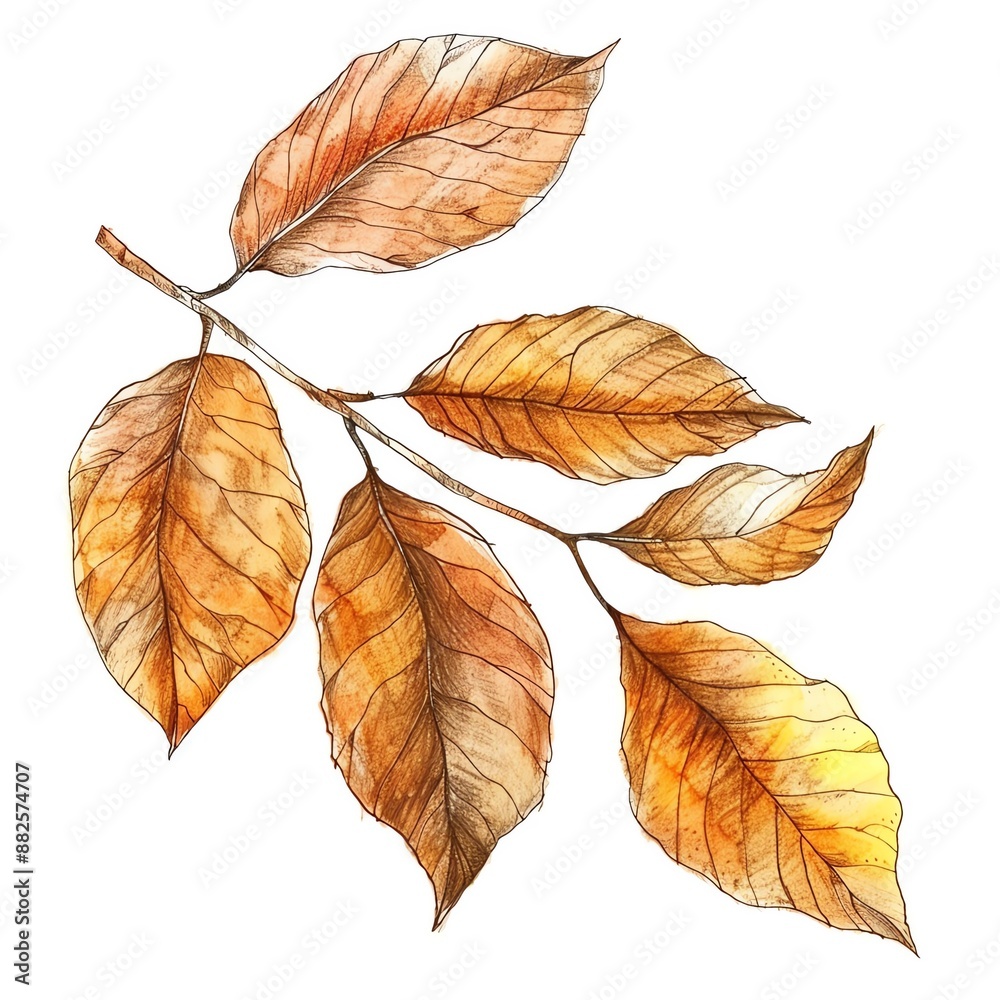 Obraz premium Brown and orange leaves, autumn palette, pencil sketch, detailed, isolated on white background