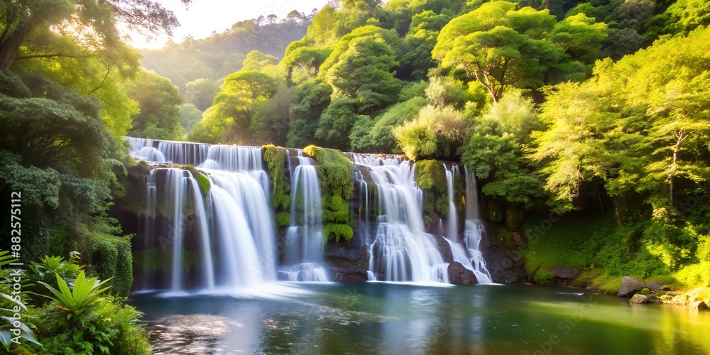 Obraz premium Waterfall Cascading Through Verdant Forest