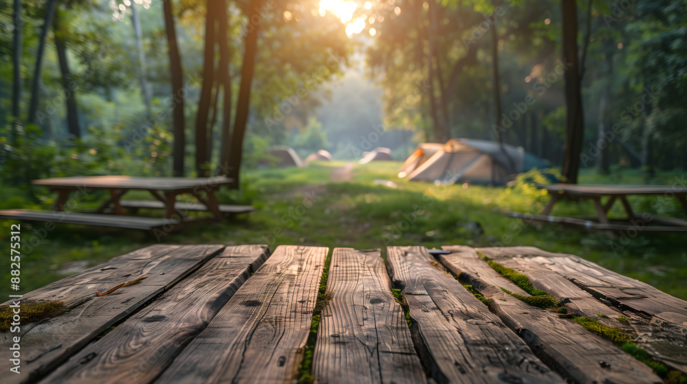 Wooden table top on blur tent camping travel tent and grass field.Fresh and Relax concept.For montage product display or design key visual layout.View of copy space. Wooden table top on blur tent camping travel tent and grass field.Fresh and Relax concept.For montage product display or design key visual layout.View of copy space.
