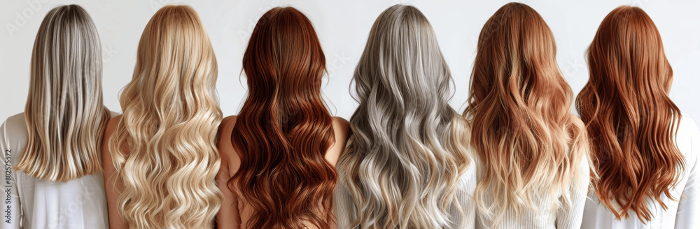 Beautiful Women with Long Wavy Hair in Various Colors Viewed from Behind on White Background Beautiful Women with Long Wavy Hair in Various Colors Viewed from Behind on White Background