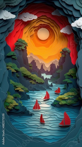 Ha Long Bay Vietnam Boats Mountains at Sunrise Sunset Paper Cut Phone Wallpaper Background Illustration photo