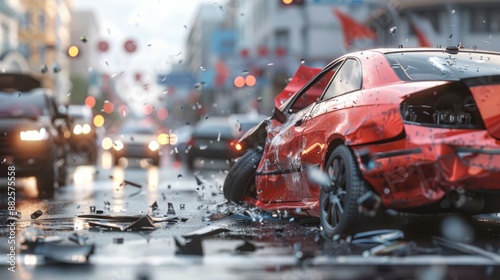 A red car is in a crash on a rainy street