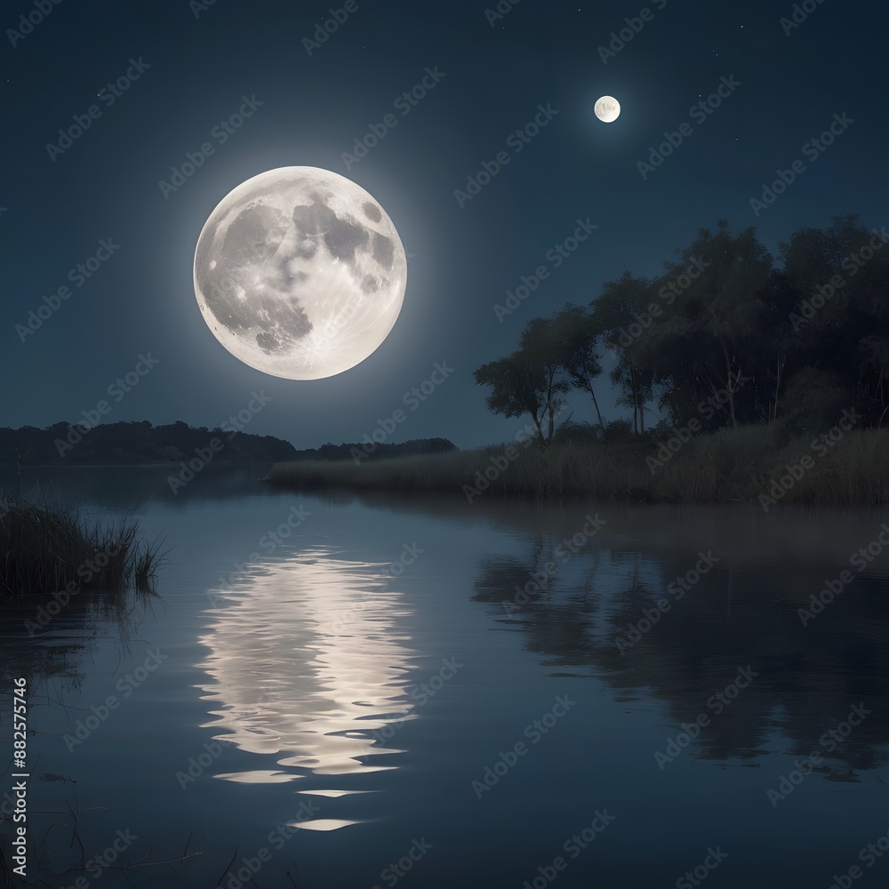 moon over the river at night with reflection in water, nature series Generated by AI moon over the river at night with reflection in water, nature series Generated by AI