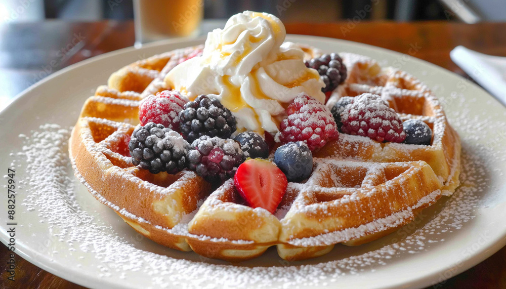 a classic belgian waffle, featuring a golden, crispy waffle topped with fresh berries, whipped cream, and a dusting of powdered sugar a classic belgian waffle, featuring a golden, crispy waffle topped with fresh berries, whipped cream, and a dusting of powdered sugar