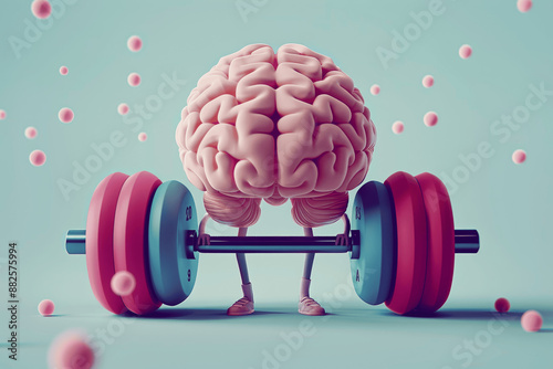 Cute cartoon brain lifting weights in gym - mental growth, fitness and intelligence illustration photo